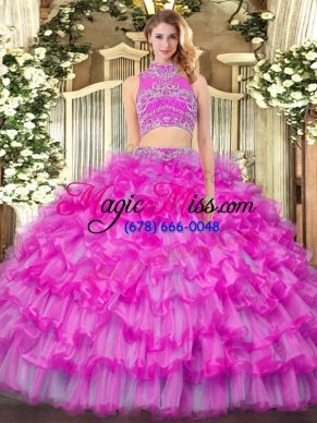 High-neck Sleeveless Tulle Sweet 16 Dress Beading and Ruffled Layers Backless