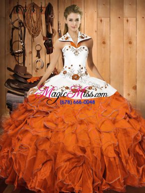 Eye-catching Halter Top Sleeveless Lace Up Sweet 16 Dresses Orange Red Satin and Organza