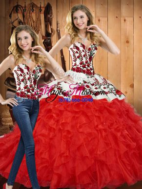 Fancy Red Sleeveless Embroidery and Ruffles Floor Length Vestidos de Quinceanera