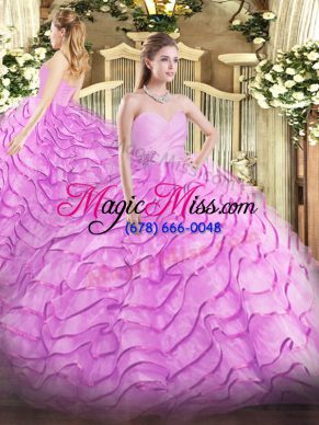 Glamorous Sleeveless Organza Brush Train Lace Up 15th Birthday Dress in Lilac with Beading and Ruffled Layers