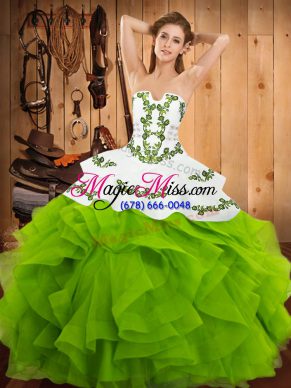 Popular Strapless Sleeveless Satin and Organza 15 Quinceanera Dress Embroidery and Ruffles Lace Up