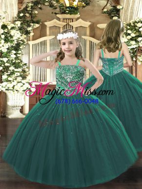 Elegant Dark Green Tulle Lace Up Little Girls Pageant Dress Sleeveless Floor Length Beading