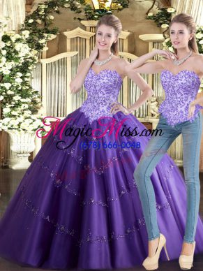 Artistic Purple Tulle Lace Up Sweetheart Sleeveless Floor Length Sweet 16 Quinceanera Dress Beading