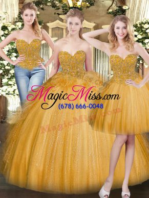 Colorful Gold Lace Up Quinceanera Gown Beading and Ruffles Sleeveless Floor Length