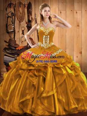 Unique Sleeveless Floor Length Embroidery and Ruffles Lace Up Quinceanera Dresses with Gold