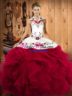 Floor Length Red Quinceanera Gowns Halter Top Sleeveless Lace Up