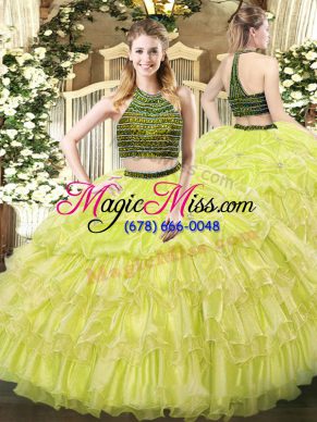 Free and Easy Halter Top Sleeveless Ball Gown Prom Dress Floor Length Beading and Ruffled Layers Yellow Green Organza