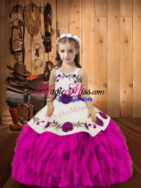 Sleeveless Floor Length Beading and Ruffles Lace Up Little Girls Pageant Dress Wholesale with Fuchsia