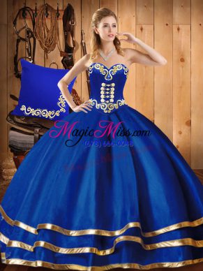 Top Selling Sleeveless Floor Length Embroidery Lace Up Sweet 16 Dresses with Blue