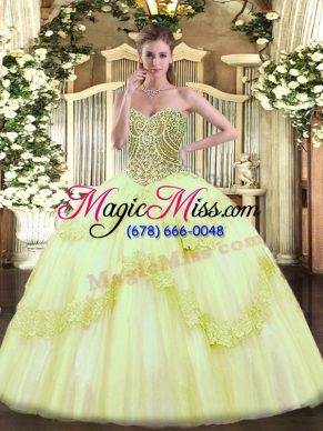 Sumptuous Sleeveless Tulle Floor Length Lace Up Sweet 16 Quinceanera Dress in Yellow Green with Beading and Appliques