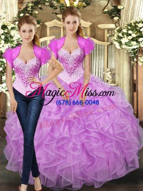 Lilac Sleeveless Floor Length Beading and Ruffles Lace Up Sweet 16 Dress