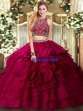 Floor Length Two Pieces Sleeveless Fuchsia 15th Birthday Dress Zipper