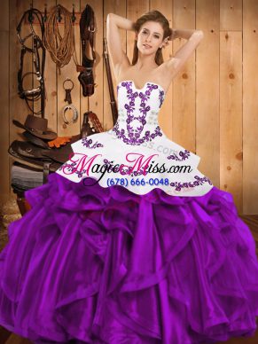 On Sale Eggplant Purple Sleeveless Embroidery and Ruffles Floor Length 15 Quinceanera Dress