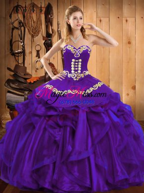 Enchanting Purple Sweet 16 Dress Military Ball and Sweet 16 and Quinceanera with Embroidery and Ruffles Sweetheart Sleeveless Lace Up