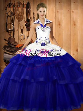 Superior Sleeveless Organza Sweep Train Lace Up Quince Ball Gowns in Royal Blue with Embroidery and Ruffled Layers