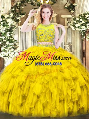 Fantastic Gold Zipper Vestidos de Quinceanera Beading and Ruffles Sleeveless Floor Length