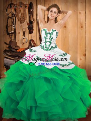 Green Ball Gowns Strapless Sleeveless Satin and Organza Floor Length Lace Up Embroidery and Ruffles Sweet 16 Dress