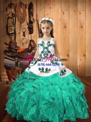 Turquoise Ball Gowns Organza Straps Sleeveless Embroidery and Ruffles Floor Length Lace Up Little Girls Pageant Dress