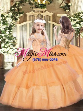 Orange Little Girls Pageant Dress Wholesale Party and Quinceanera with Beading and Ruffled Layers Off The Shoulder Sleeveless Lace Up