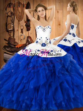 Eye-catching Halter Top Sleeveless Quinceanera Gown Floor Length Embroidery and Ruffles Blue And White Satin and Organza