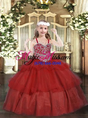 Straps Sleeveless Little Girls Pageant Gowns Floor Length Beading and Ruffled Layers Wine Red Organza