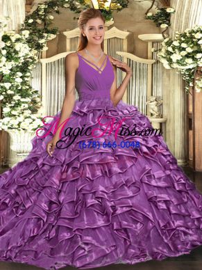 Sleeveless With Train Ruffles Backless 15th Birthday Dress with Lilac Sweep Train