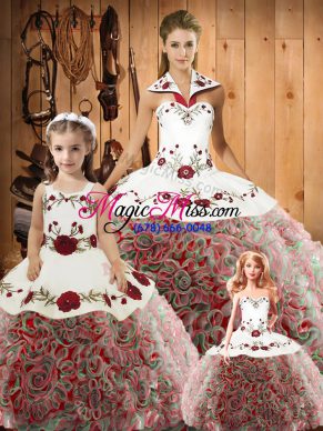 Multi-color Sleeveless Satin and Fabric With Rolling Flowers Lace Up Sweet 16 Dress for Military Ball and Sweet 16 and Quinceanera