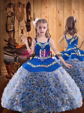 Super Multi-color Fabric With Rolling Flowers Lace Up Straps Sleeveless Floor Length Little Girl Pageant Dress Embroidery and Ruffles