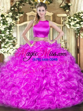 Fitting Floor Length Hot Pink Quinceanera Gown High-neck Sleeveless Criss Cross