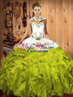 Olive Green Ball Gowns Satin and Organza Halter Top Sleeveless Embroidery and Ruffles Floor Length Lace Up Quinceanera Dresses