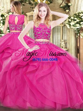 Beautiful Scoop Sleeveless Zipper Quinceanera Gown Hot Pink Tulle