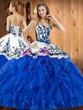 Pretty Embroidery and Ruffles Quinceanera Gown Blue Lace Up Sleeveless Floor Length