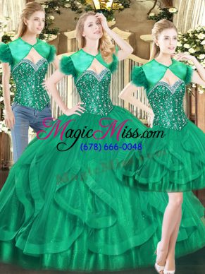 Custom Design Dark Green Ball Gowns Sweetheart Sleeveless Tulle Floor Length Lace Up Beading and Ruffles 15th Birthday Dress