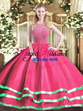 Enchanting Sleeveless Floor Length Beading Zipper Quinceanera Dress with Hot Pink