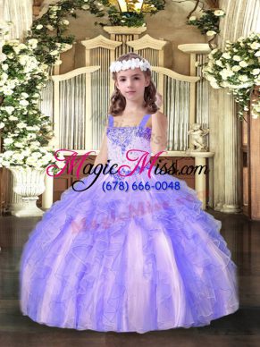 Exquisite Floor Length Lavender Pageant Gowns For Girls Organza Sleeveless Beading and Ruffles