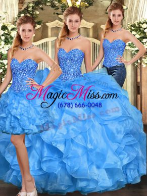 Beading and Ruffles Quinceanera Gowns Baby Blue Lace Up Sleeveless Floor Length