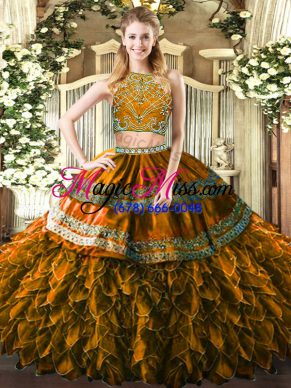 Custom Design Brown High-neck Zipper Beading and Ruffles Sweet 16 Dresses Sleeveless