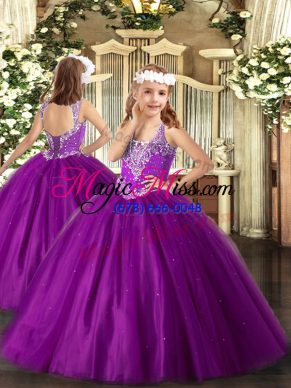 Cheap Purple V-neck Lace Up Beading Little Girl Pageant Gowns Sleeveless