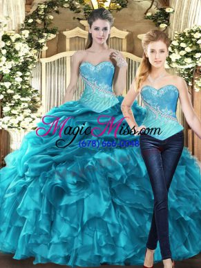 Dynamic Floor Length Aqua Blue Quinceanera Dresses Tulle Sleeveless Beading and Ruffles