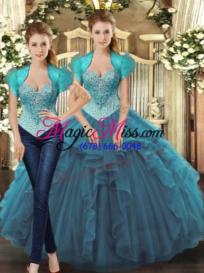 Graceful Beading and Ruffles Quinceanera Gown Teal Lace Up Sleeveless Floor Length