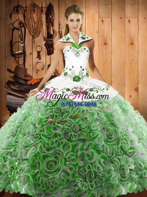 Perfect Sweep Train Ball Gowns Sweet 16 Dress Multi-color Halter Top Organza and Fabric With Rolling Flowers Sleeveless Lace Up