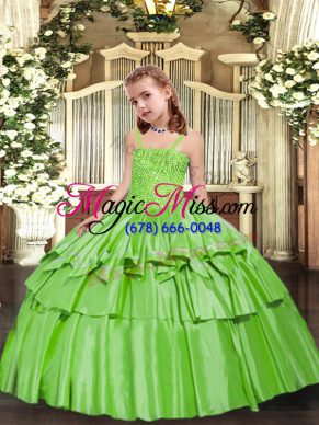 Custom Design Straps Sleeveless Taffeta Little Girls Pageant Dress Beading and Ruffled Layers Lace Up