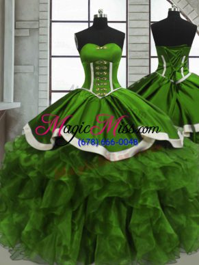 Green Ball Gowns Beading and Ruffles and Ruching Quinceanera Gowns Lace Up Organza Sleeveless Floor Length