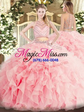 Baby Pink Scoop Zipper Beading and Ruffles Sweet 16 Dress Sleeveless