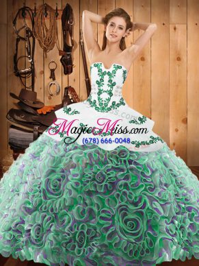 Vintage Strapless Sleeveless Sweep Train Lace Up Quince Ball Gowns Multi-color Satin and Fabric With Rolling Flowers