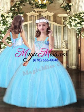 High Class Straps Sleeveless Little Girls Pageant Dress Wholesale Floor Length Beading Aqua Blue Tulle