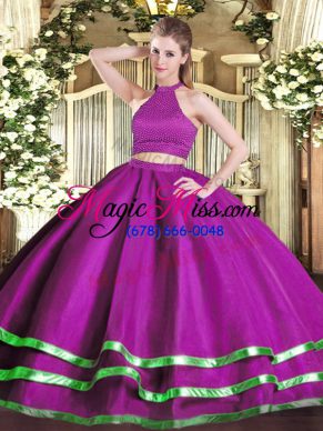 Fuchsia Backless Halter Top Beading Quinceanera Gown Tulle Sleeveless