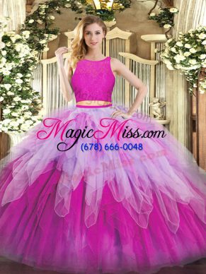 Best Selling Fuchsia Sleeveless Floor Length Lace and Ruffles Zipper Sweet 16 Quinceanera Dress