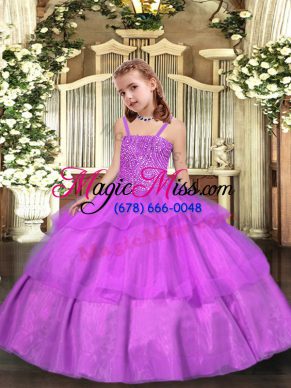 Organza Straps Sleeveless Lace Up Beading and Ruffled Layers Kids Formal Wear in Lilac