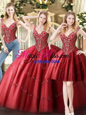 Traditional Floor Length Wine Red Quinceanera Gown Tulle Sleeveless Beading